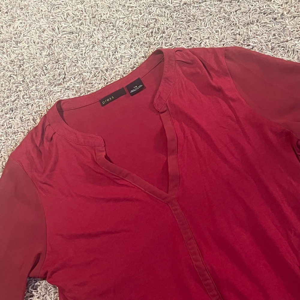 Press Burgundy Mixed Media Split‎ V-Neck Blouse Sheer Back High Low Hem Large